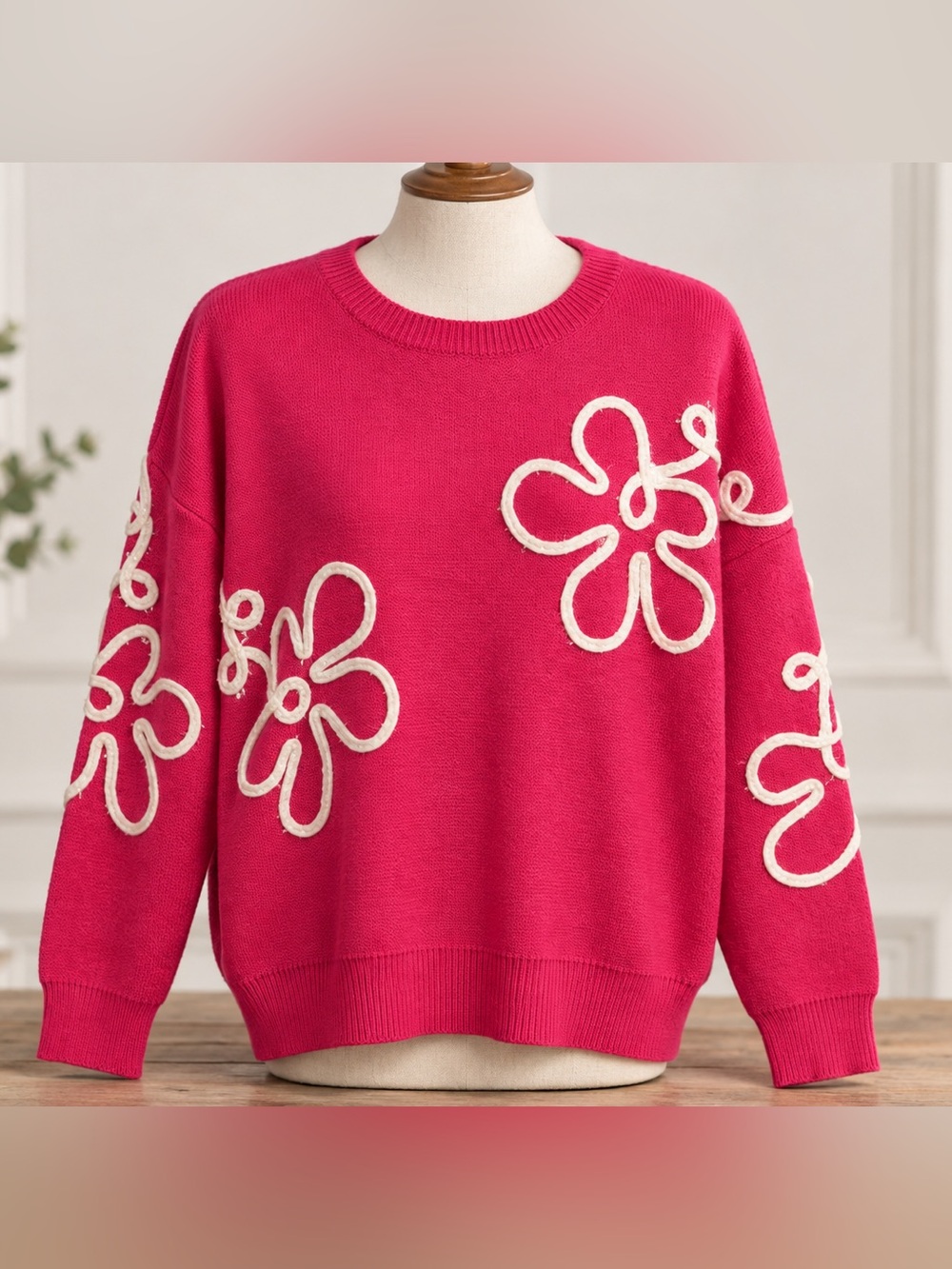 Main Strip Hot Pink Floral Appliqué Sweater NWOT